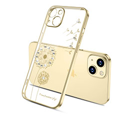 Apple iPhone 14用極薄ソフトケース シリコンケース 耐衝撃 全面保護 クリア透明 花 アップル ゴールド