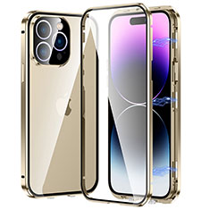 Apple iPhone 14 Pro用ケース 高級感 手触り良い アルミメタル 製の金属製 360度 フルカバーバンパー 鏡面 カバー LO1 アップル ゴールド