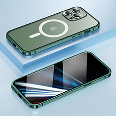 Apple iPhone 14 Pro用ケース 高級感 手触り良い メタル兼プラスチック バンパー Mag-Safe 磁気 Magnetic LF1 アップル グリーン