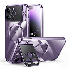 Apple iPhone 14 Pro用ケース 高級感 手触り良い メタル兼プラスチック バンパー Mag-Safe 磁気 Magnetic LK4 アップル パープル