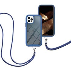 Apple iPhone 14 Pro用ハイブリットバンパーケース プラスチック 兼シリコーン カバー 前面と背面 360度 フル 携帯ストラップ アップル ネイビー
