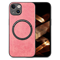 Apple iPhone 15用シリコンケース ソフトタッチラバー レザー柄 アンドマグネット式 S02D アップル ピンク