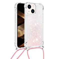 Apple iPhone 15用シリコンケース ソフトタッチラバー ブリンブリン カバー 携帯ストラップ S02 アップル ピンク