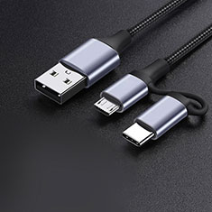 Oppo F19s用Type-C兼Micro USBケーブル 充電ケーブルAndroidユニバーサル 3A H01 ダークグレー