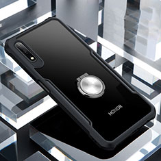 Huawei Honor 9X用360度 フルカバーハイブリットバンパーケース クリア透明 プラスチック 鏡面 アンド指輪 マグネット式 ファーウェイ ブラック