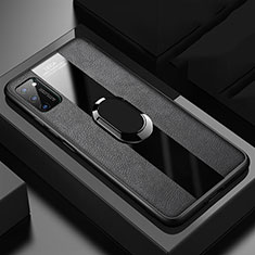 Huawei Honor V30 5G用シリコンケース ソフトタッチラバー レザー柄 アンド指輪 マグネット式 T03 ファーウェイ ブラック
