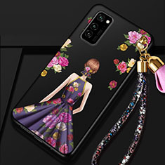 Huawei Honor V30 5G用シリコンケース ソフトタッチラバー バタフライ ドレスガール ドレス少女 カバー ファーウェイ パープル・ブラック