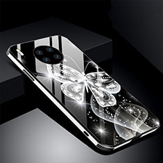 Huawei Mate 30 5G用ハイブリットバンパーケース プラスチック 鏡面 花 カバー C01 ファーウェイ ブラック