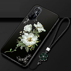 Huawei Nova 8 Pro 5G用シリコンケース ソフトタッチラバー 花 カバー ファーウェイ ブラック