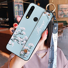 Huawei P Smart+ Plus (2019)用シリコンケース ソフトタッチラバー 花 カバー K03 ファーウェイ ブルー