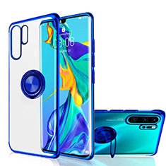 Huawei P30 Pro New Edition用極薄ソフトケース シリコンケース 耐衝撃 全面保護 クリア透明 アンド指輪 マグネット式 C04 ファーウェイ ネイビー