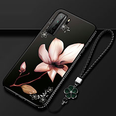 Huawei P40 Lite 5G用シリコンケース ソフトタッチラバー 花 カバー K02 ファーウェイ ブラウン