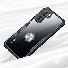 Huawei P40 Lite 5G用360度 フルカバーハイブリットバンパーケース クリア透明 プラスチック 鏡面 アンド指輪 マグネット式 K01 ファーウェイ ブラック