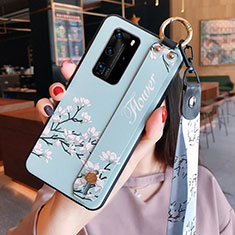 Huawei P40 Pro用シリコンケース ソフトタッチラバー 花 カバー ファーウェイ ブルー