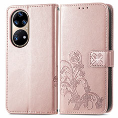 Huawei P50用手帳型 レザーケース スタンド 花 カバー ファーウェイ ピンク