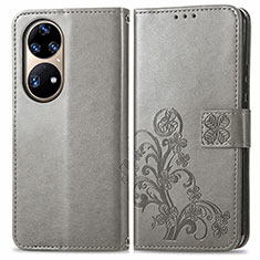 Huawei P50e用手帳型 レザーケース スタンド 花 カバー ファーウェイ グレー