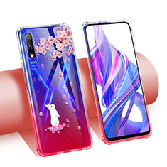 Huawei Y9 Prime (2019)用極薄ソフトケース シリコンケース 耐衝撃 全面保護 クリア透明 花 T01 ファーウェイ レッド