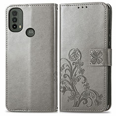 Motorola Moto E40用手帳型 レザーケース スタンド 花 カバー モトローラ グレー