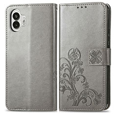 Nothing Phone 2用手帳型 レザーケース スタンド 花 カバー Nothing Phone グレー