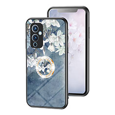 OnePlus 9 5G用ハイブリットバンパーケース プラスチック 鏡面 花 カバー S01 OnePlus ネイビー