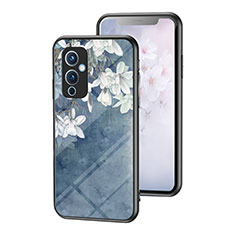 OnePlus 9 5G用ハイブリットバンパーケース プラスチック 鏡面 花 カバー OnePlus ネイビー