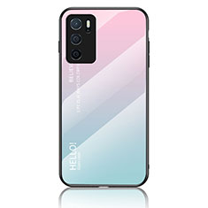 Oppo A16s用ハイブリットバンパーケース プラスチック 鏡面 虹 グラデーション 勾配色 カバー LS1 Oppo シアン