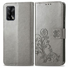 Oppo A74 4G用手帳型 レザーケース スタンド 花 カバー Oppo グレー