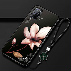 Oppo A92用シリコンケース ソフトタッチラバー 花 カバー S01 Oppo ブラウン