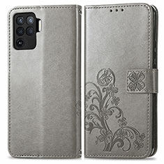 Oppo A94 4G用手帳型 レザーケース スタンド 花 カバー Oppo グレー