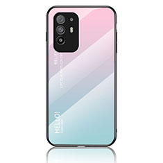 Oppo A94 5G用ハイブリットバンパーケース プラスチック 鏡面 虹 グラデーション 勾配色 カバー LS1 Oppo シアン