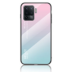 Oppo F19 Pro用ハイブリットバンパーケース プラスチック 鏡面 虹 グラデーション 勾配色 カバー LS1 Oppo シアン