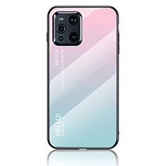 Oppo Find X3 5G用ハイブリットバンパーケース プラスチック 鏡面 虹 グラデーション 勾配色 カバー LS1 Oppo シアン