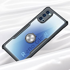 Oppo Reno4 Pro 5G用360度 フルカバーハイブリットバンパーケース クリア透明 プラスチック 鏡面 アンド指輪 マグネット式 Oppo ブラック