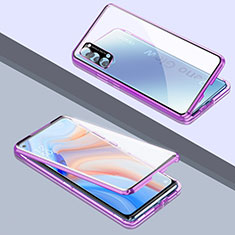 Oppo Reno4 Pro 5G用ケース 高級感 手触り良い アルミメタル 製の金属製 360度 フルカバーバンパー 鏡面 カバー T06 Oppo パープル