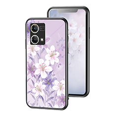 Oppo Reno7 4G用ハイブリットバンパーケース プラスチック 鏡面 花 カバー Oppo ラベンダー