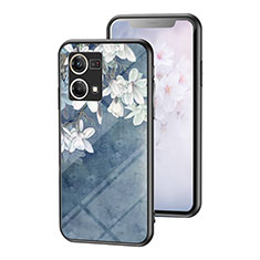 Oppo Reno8 4G用ハイブリットバンパーケース プラスチック 鏡面 花 カバー Oppo ネイビー