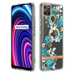 Realme C25Y用シリコンケース ソフトタッチラバー バタフライ パターン カバー アンド指輪 Y06B Realme シアン