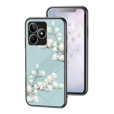 Realme C51用ハイブリットバンパーケース プラスチック 鏡面 花 カバー Realme シアン