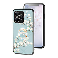 Realme C67用ハイブリットバンパーケース プラスチック 鏡面 花 カバー S01 Realme シアン