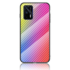 Realme GT 5G用ハイブリットバンパーケース プラスチック 鏡面 虹 グラデーション 勾配色 カバー LS2 Realme ピンク