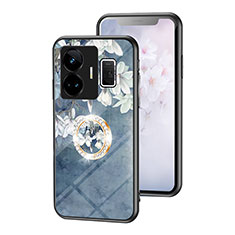 Realme GT Neo5 5G用ハイブリットバンパーケース プラスチック 鏡面 花 カバー S01 Realme ネイビー