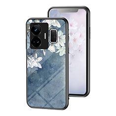 Realme GT Neo6 5G用ハイブリットバンパーケース プラスチック 鏡面 花 カバー Realme ネイビー