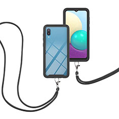 Samsung Galaxy A02用ハイブリットバンパーケース プラスチック 兼シリコーン カバー 前面と背面 360度 フル 携帯ストラップ サムスン ブラック