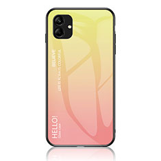 Samsung Galaxy A04E用ハイブリットバンパーケース プラスチック 鏡面 虹 グラデーション 勾配色 カバー LS1 サムスン イエロー