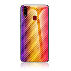 Samsung Galaxy A20s用ハイブリットバンパーケース プラスチック 鏡面 虹 グラデーション 勾配色 カバー LS2 サムスン オレンジ