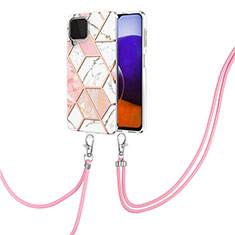 Samsung Galaxy A22 4G用シリコンケース ソフトタッチラバー バタフライ パターン カバー 携帯ストラップ Y01B サムスン ピンク