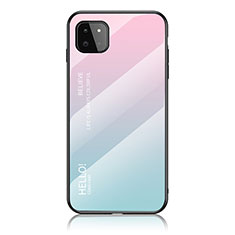 Samsung Galaxy A22 5G用ハイブリットバンパーケース プラスチック 鏡面 虹 グラデーション 勾配色 カバー LS1 サムスン シアン