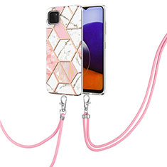 Samsung Galaxy A22s 5G用シリコンケース ソフトタッチラバー バタフライ パターン カバー 携帯ストラップ Y01B サムスン ピンク