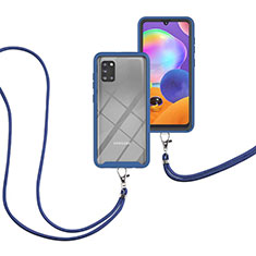 Samsung Galaxy A31用ハイブリットバンパーケース プラスチック 兼シリコーン カバー 前面と背面 360度 フル 携帯ストラップ サムスン ネイビー