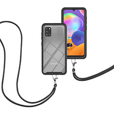 Samsung Galaxy A31用ハイブリットバンパーケース プラスチック 兼シリコーン カバー 前面と背面 360度 フル 携帯ストラップ サムスン ブラック